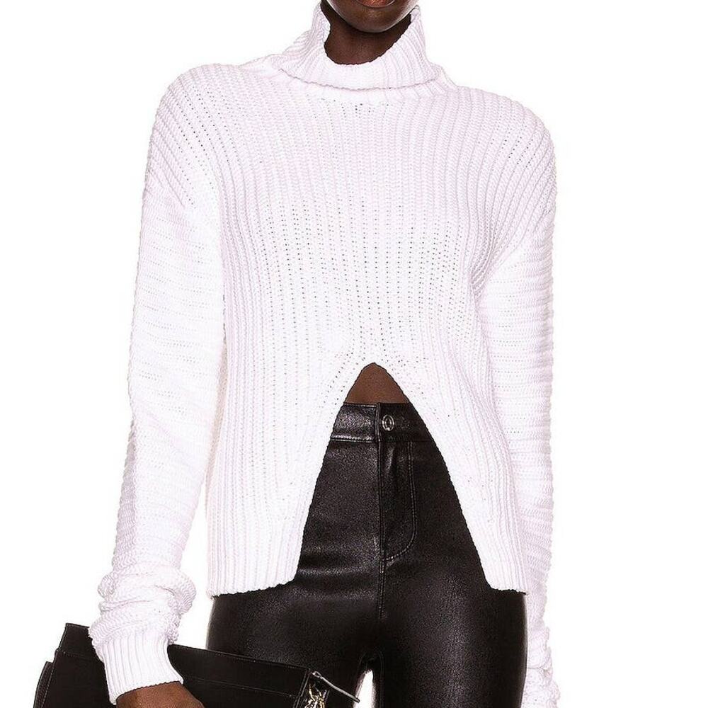 RTA NWT Elsie Chunky Sweater Relaxed Turtleneck Dramatic Front Split White Small